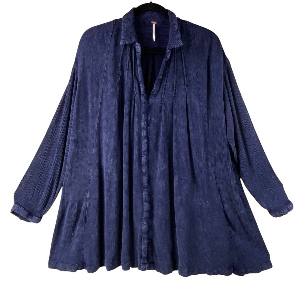 Free People Boho Super Oversized Tunic Top Size S Navy Blue Button Front